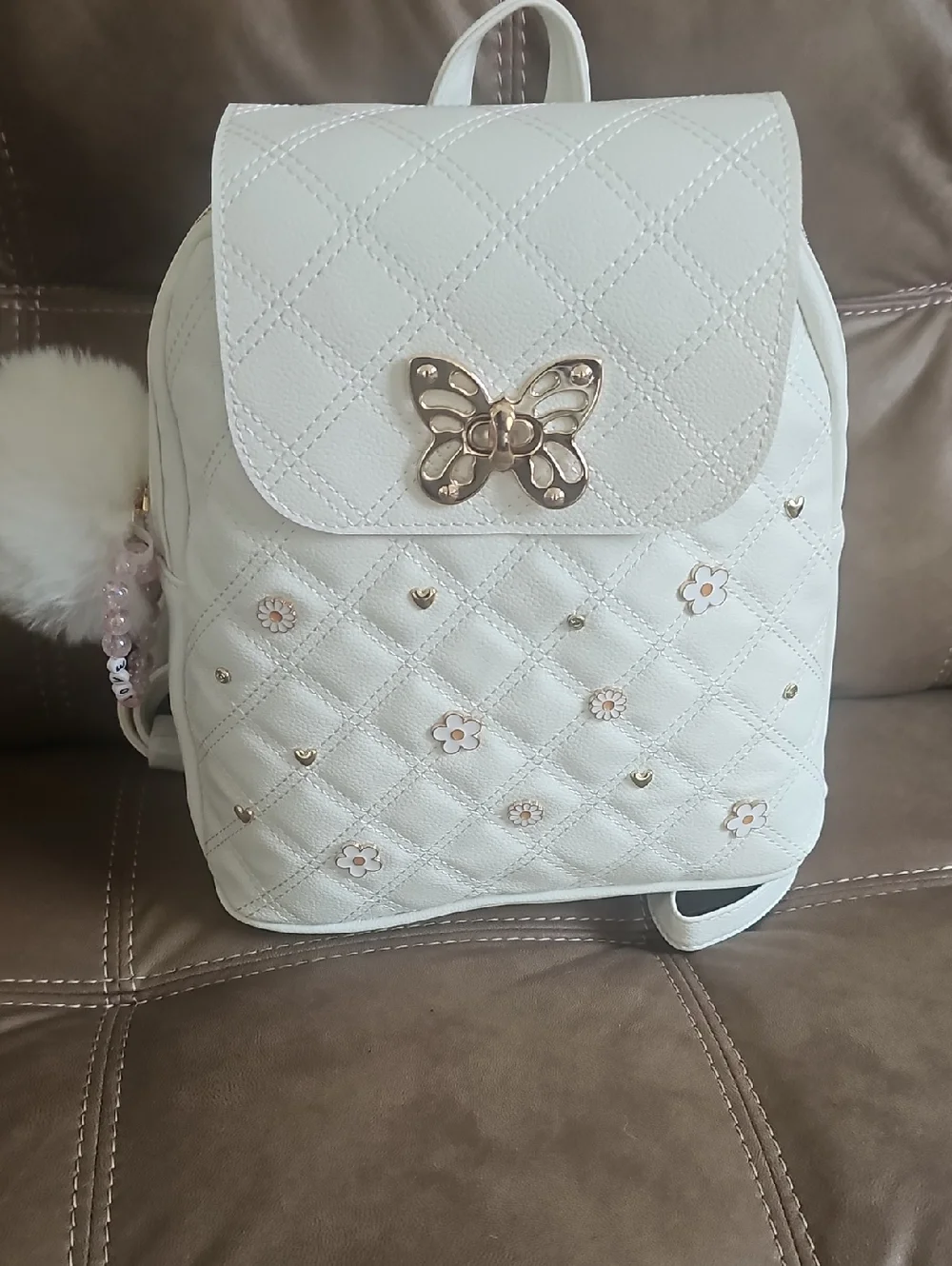 Chic Quilted White Mini Backpack with Gold Butterfly Accent